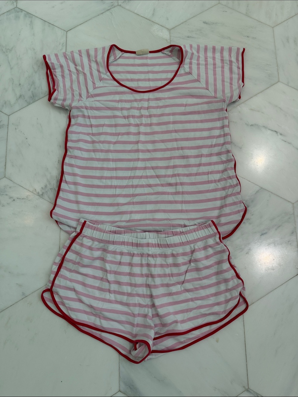 Women’s Pink & White Striped Pajama Set with Red Trim